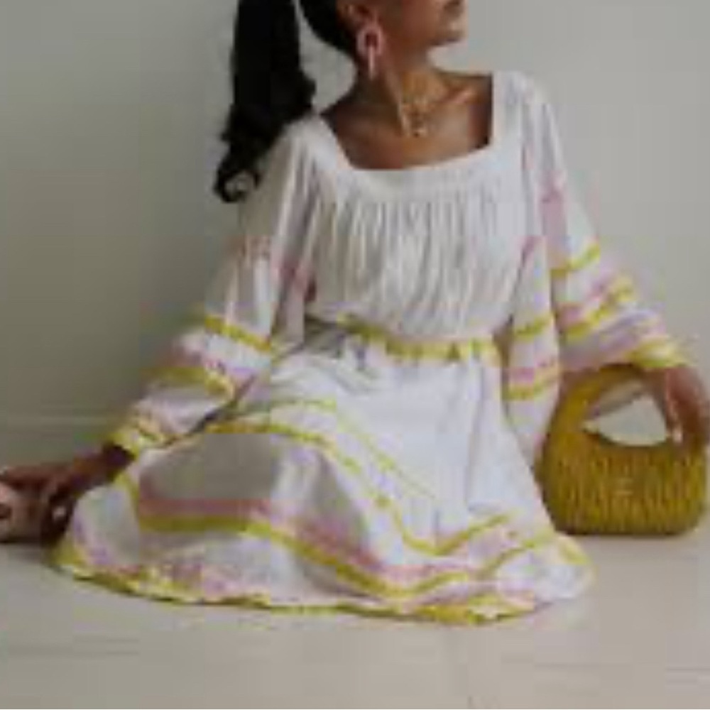 Lisa Marie Fernandez Ric Rac Trapeze Tent Linen Dress X-Small White Yellow Pink